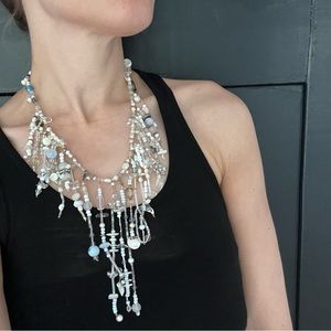 Artisan fringe beaded statement necklace made with vintage findings
